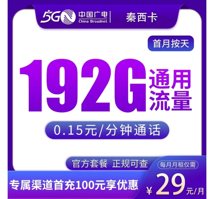 广电秦西卡29元192G【只发陕西】